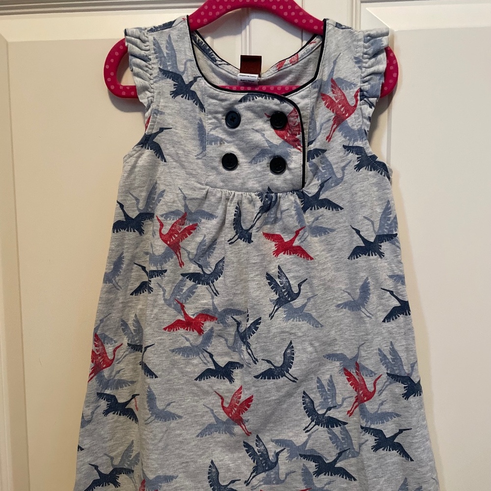 Tea grey red blue dress with birds, size 4 years